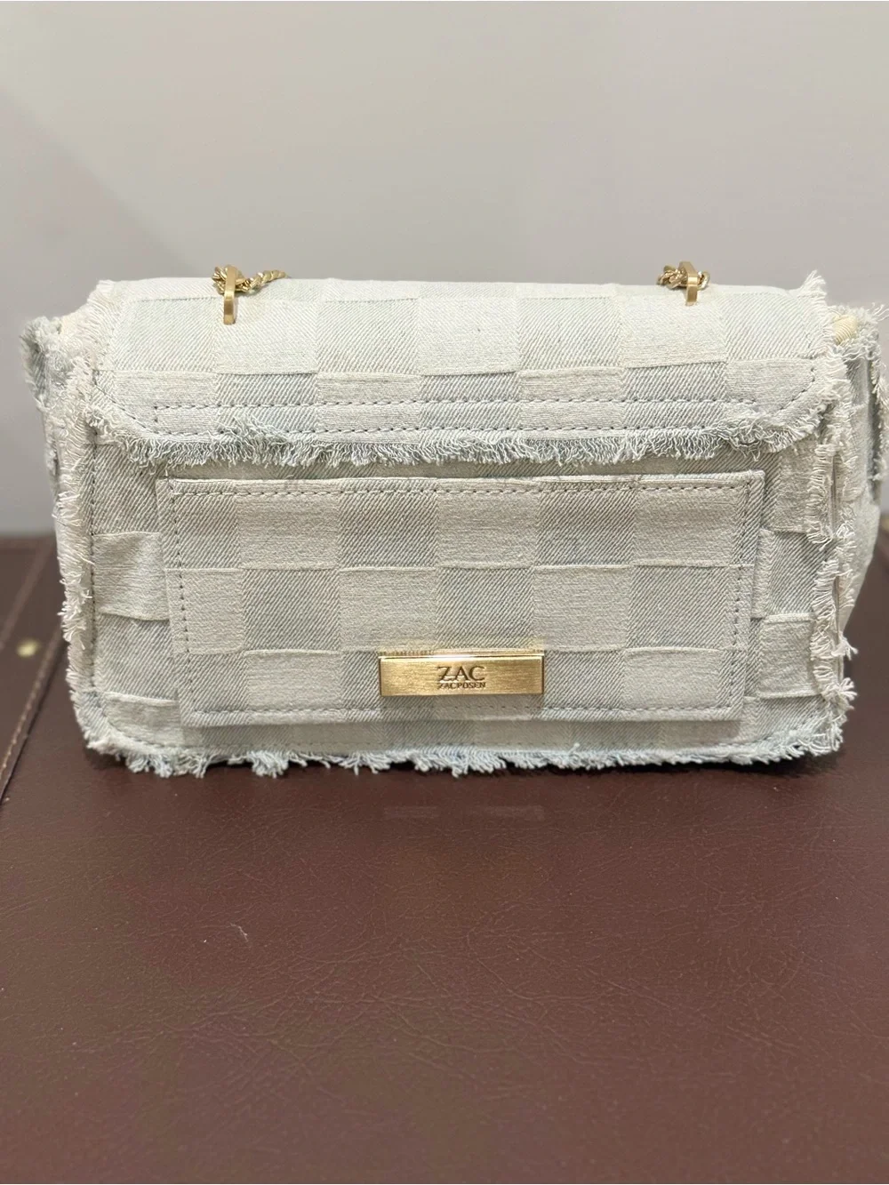 Zac Posen Cream Textured Chain-Handle Shoulder Bag with Knot Accent